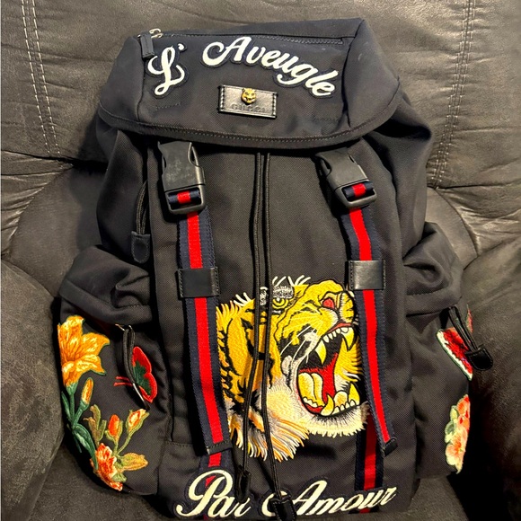 Pre-owned Gucci L’ Aveugle Par Amour Techno Canvas Black Backpack - Picture 1 of 4